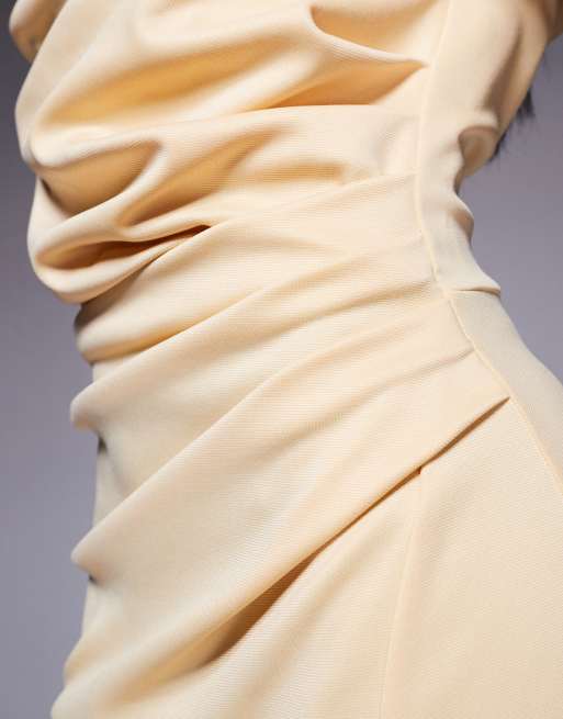 ASOS DESIGN - Midi bodycon jurk met gedraaide bardothals in lichtgeel, 3 van 4