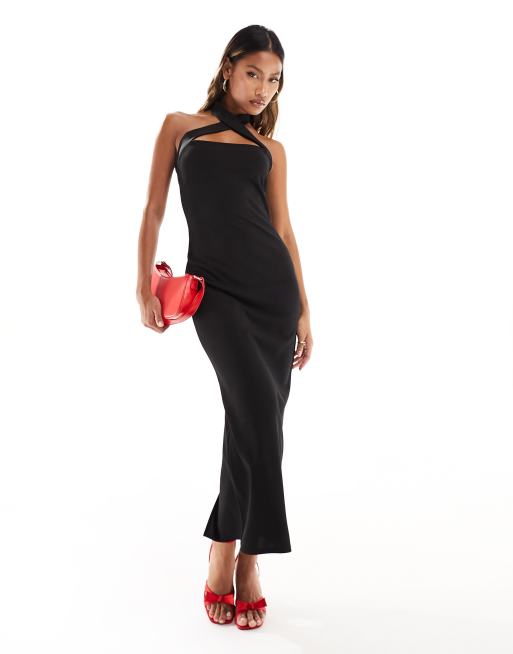 ASOS DESIGN - Midi bodycon-jurk met gekruiste halternek in zwart
