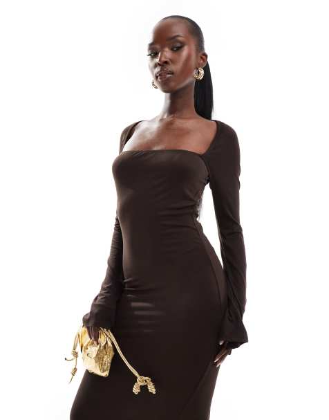 ASOS DESIGN - Midi bolero jurk met flared mouwen en open achterkant in donkerbruin - view 1