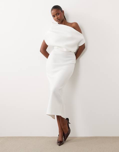 ASOS DESIGN – Midi-Brautkleid aus neoprenartigem Material in Weiß mit auffälligem Ausschnitt - view 1