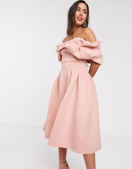 ASOS DESIGN Midi bubble avondjurk met bardot halslijn in nude