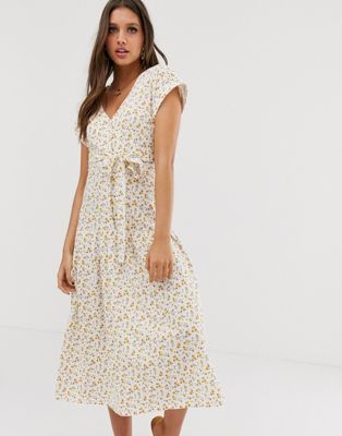 ASOS DESIGN midi button through belted tea dress with drop waist in ditsy floral-Multi
