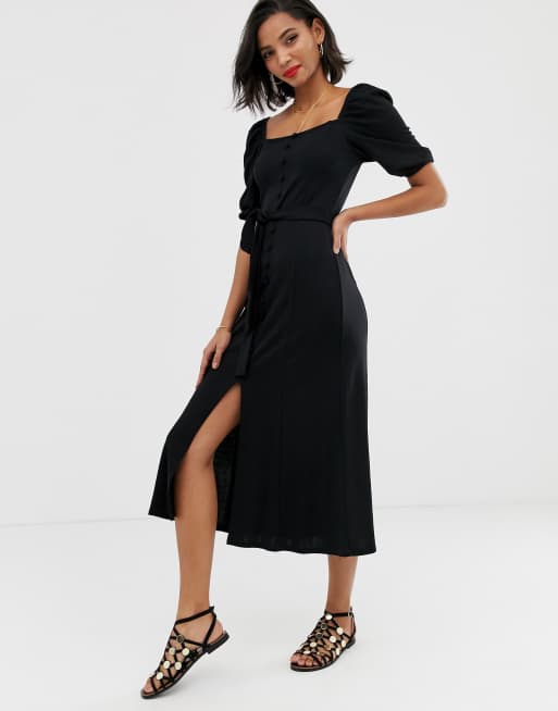 ASOS DESIGN midi button through square neck dress with belt