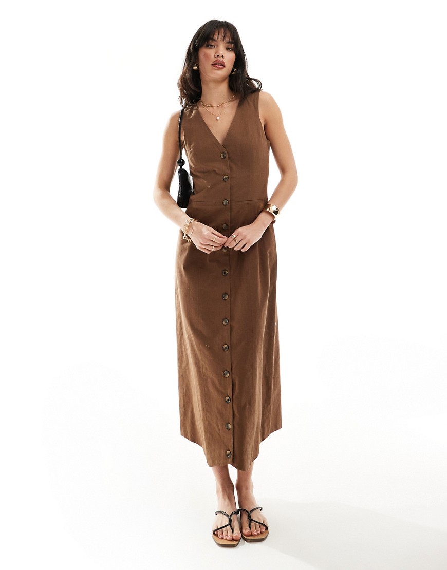 Asos Design Midi Button Up Linen Vest Dress In Chocolate-brown