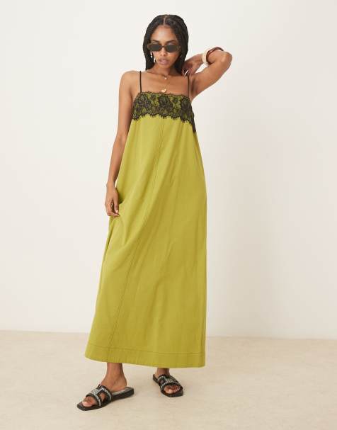 ASOS DESIGN - Midi cami-jurk met kanten bovenlaag in olijfgroen - view 1