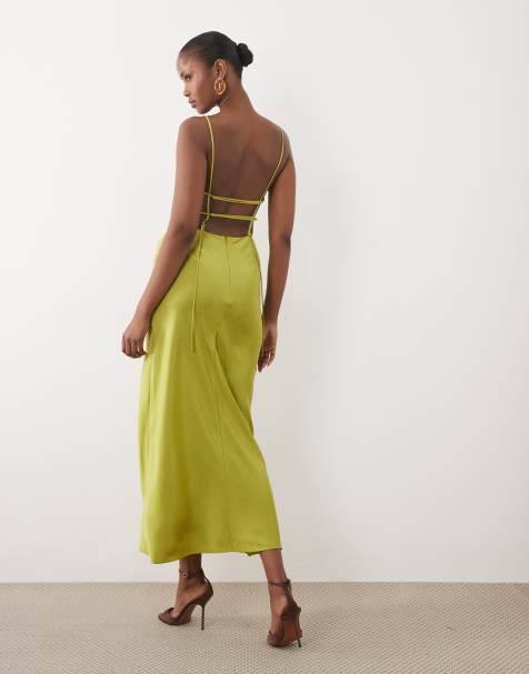 ASOS DESIGN - Midi cami-jurk met rechte hals en bandjes op de rug in goud-limoengroen - view 1