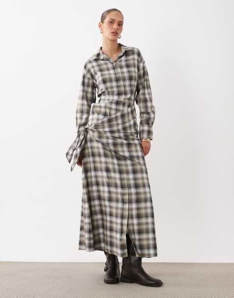 ASOS DESIGN midi check shirt with scarf wrap in tan check - view 1