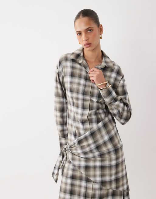 ASOS DESIGN midi check shirt with scarf wrap in tan check, 2 of 4