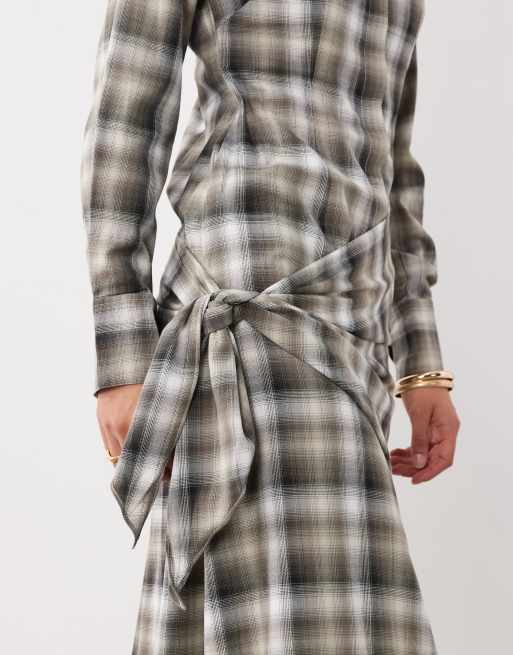 ASOS DESIGN midi check shirt with scarf wrap in tan check, 3 of 4