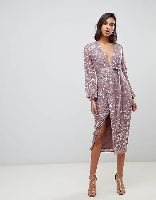 ASOS DESIGN midi dress in allover scatter sequin with ribbon tie waist