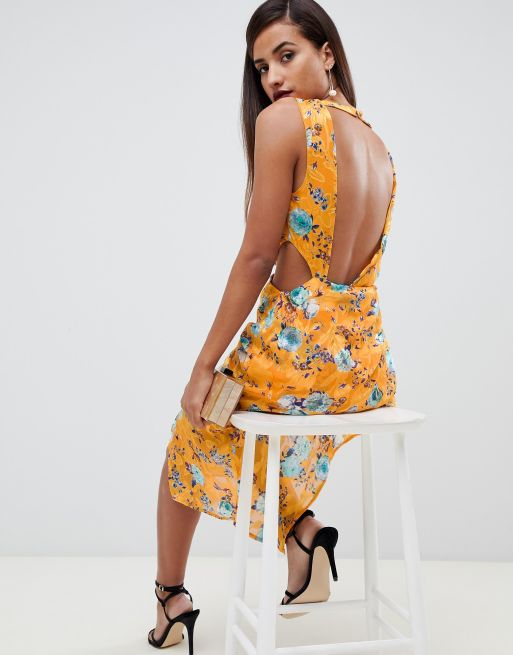 ASOS DESIGN midi dress in floral print jacquard with open back