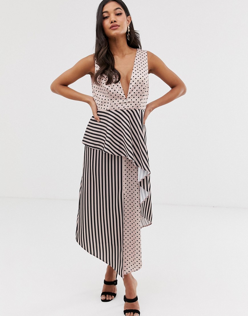 ASOS DESIGN midi dress in mixed spot and stripe print-Multi