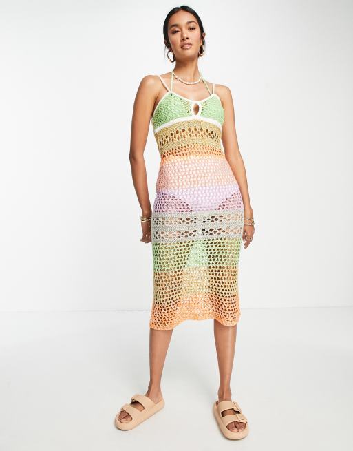 ASOS DESIGN midi dress in multi color beach open stitch
