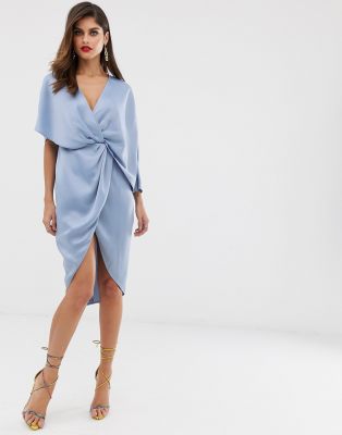 asos design kimono midi dress in satin with asymmetric sleeve