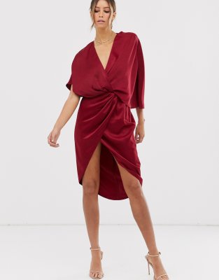 asos design kimono midi dress in satin with asymmetric sleeve