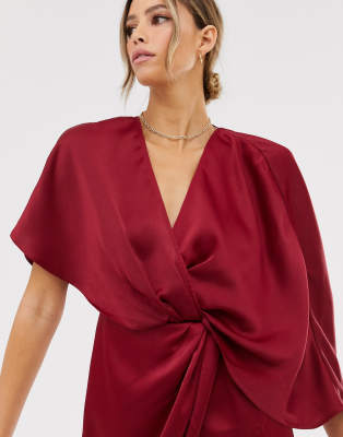 asos design kimono midi dress in satin with asymmetric sleeve