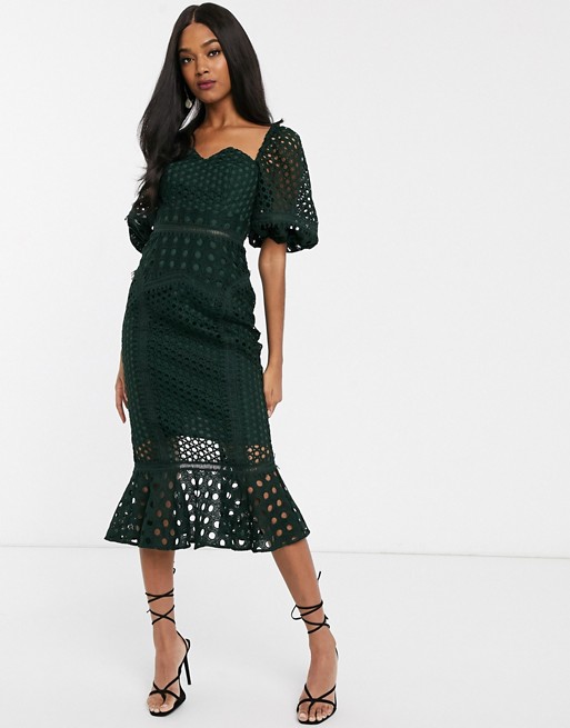 ASOS DESIGN midi Dress in structured lace with puff sleeve
