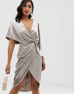 asos design kimono midi dress in satin with asymmetric sleeve