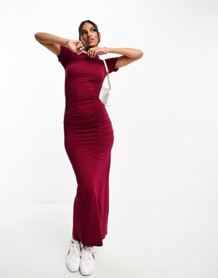 ASOS DESIGN midi dress with asymmetric neckline and ruched seams in burgundy-Red