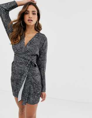 ASOS DESIGN midi dress with batwing sleeve and wrap waist in satin in croc print-Multi