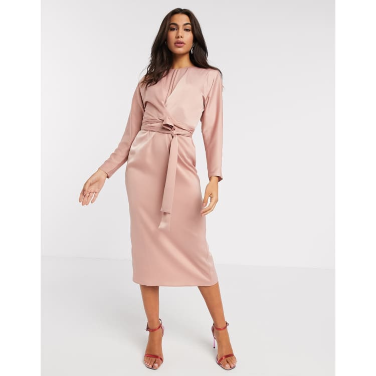 ASOS DESIGN midi dress with batwing sleeve and wrap waist in satin in mink ASOS
