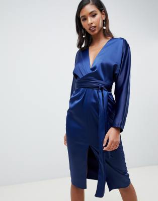 asos design midi dress with batwing sleeve and wrap waist in satin