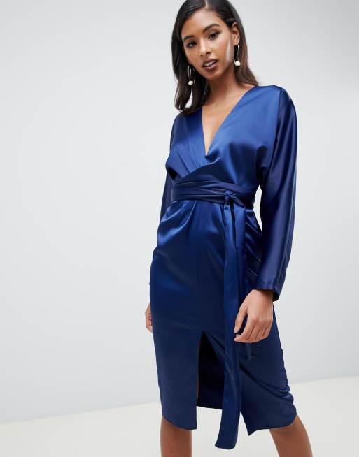 Midi dress with batwing sleeve 2025 and wrap waist in satin