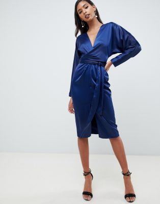 midi dress with batwing sleeve and wrap waist in satin