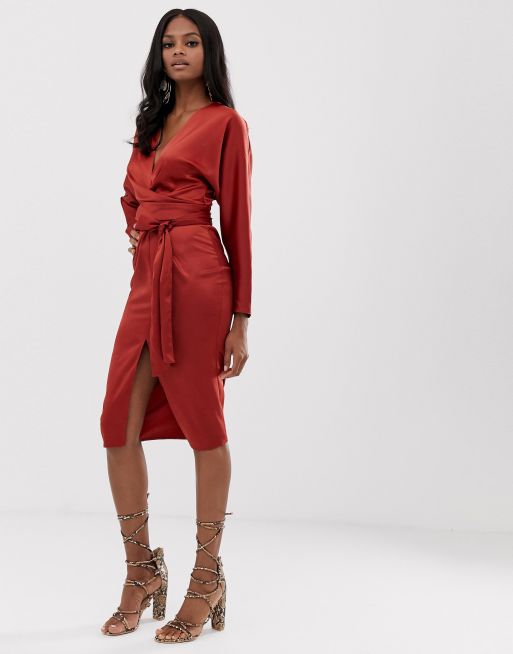 Asos design midi dress with batwing store sleeve and wrap waist in satin