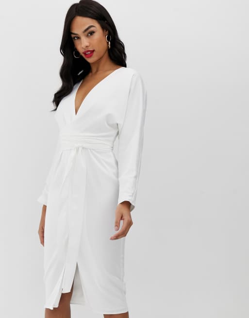 Asos design midi dress with batwing sale sleeve and wrap waist in satin