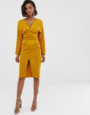 asos design midi dress with batwing sleeve and wrap waist in satin