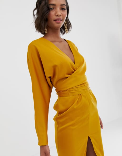 Asos design midi dress with batwing sleeve and wrap waist in clearance satin