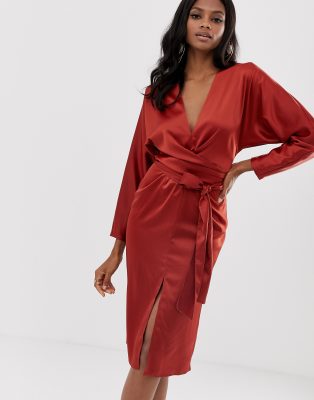 asos design midi dress with batwing sleeve and wrap waist in satin