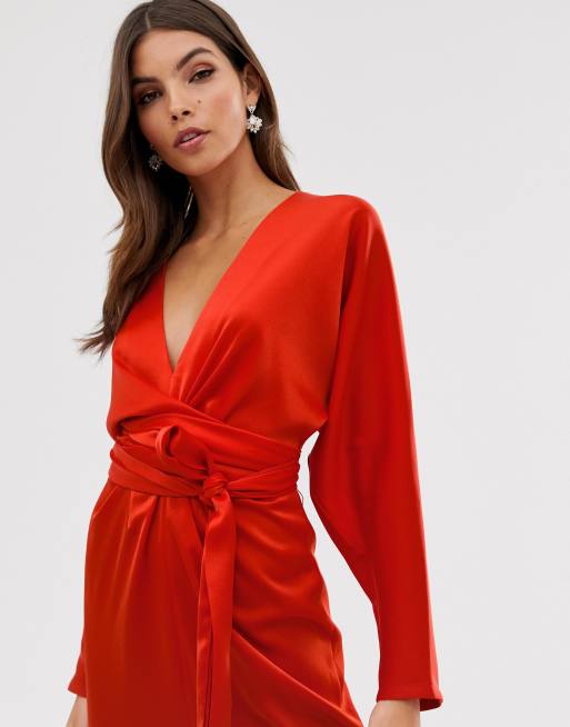 Asos design midi dress with batwing outlet sleeve and wrap waist in satin