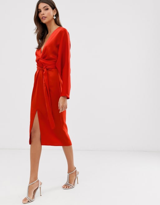 Asos design midi dress with batwing 2024 sleeve and wrap waist in satin