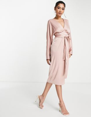 ASOS DESIGN midi dress with batwing sleeve and wrap waist in satinin pink |  ASOS