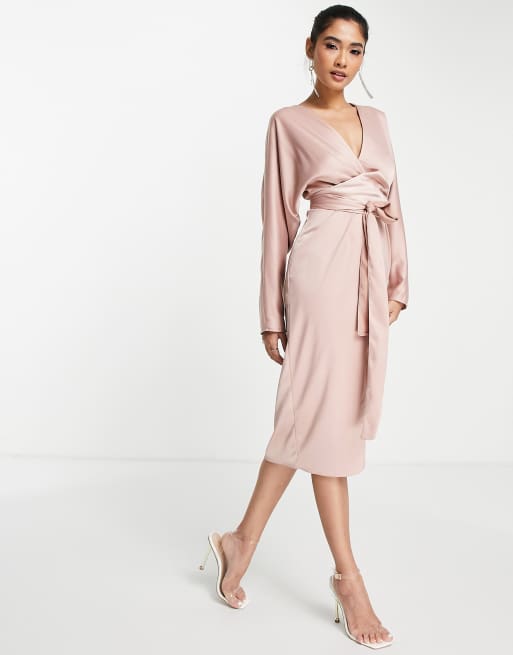 Asos Design Midi Dress With Batwing Sleeve And Wrap Waist In Satinin Pink Asos 