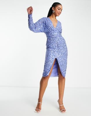 Asos Design Midi Dress With Batwing Sleeve And Wrap Waist In Scatter Sequin In Blue