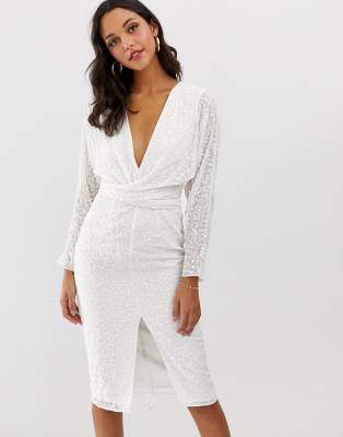 asos design midi dress with batwing sleeve and wrap waist in scatter sequin