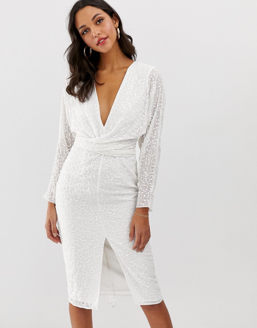 ASOS DESIGN midi dress with batwing sleeve and wrap waist in scatter sequin-White