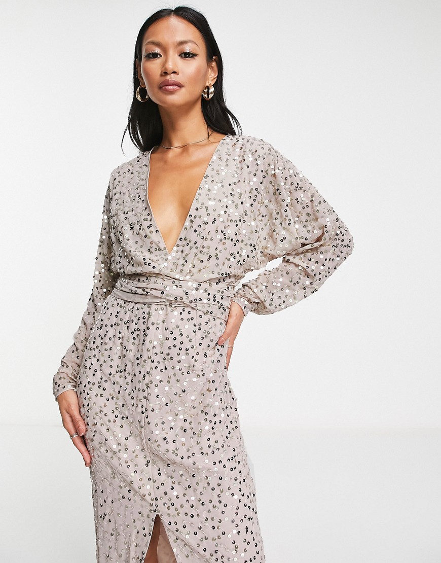 ASOS DESIGN midi dress with batwing sleeve and wrap waist in scatter sequin-Gold