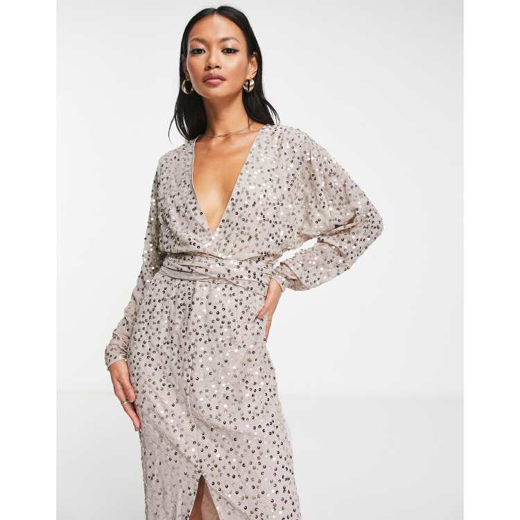 ASOS DESIGN midi dress with batwing sleeve and wrap waist in scatter sequin