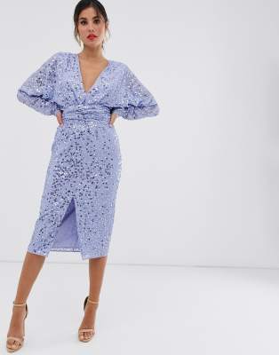 asos design midi dress with batwing sleeve and wrap waist in scatter sequin