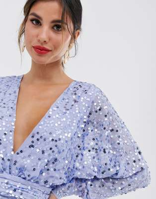 asos design midi dress with batwing sleeve and wrap waist in scatter sequin