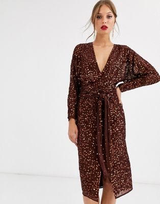 asos design midi dress with batwing sleeve and wrap waist in scatter sequin