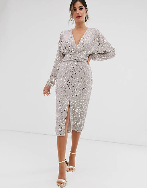 ASOS DESIGN midi dress with batwing sleeve and wrap waist in scatter sequin