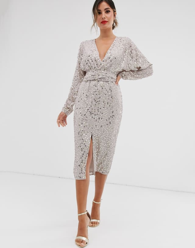 ASOS DESIGN midi dress with batwing sleeve and wrap waist in scatter sequin