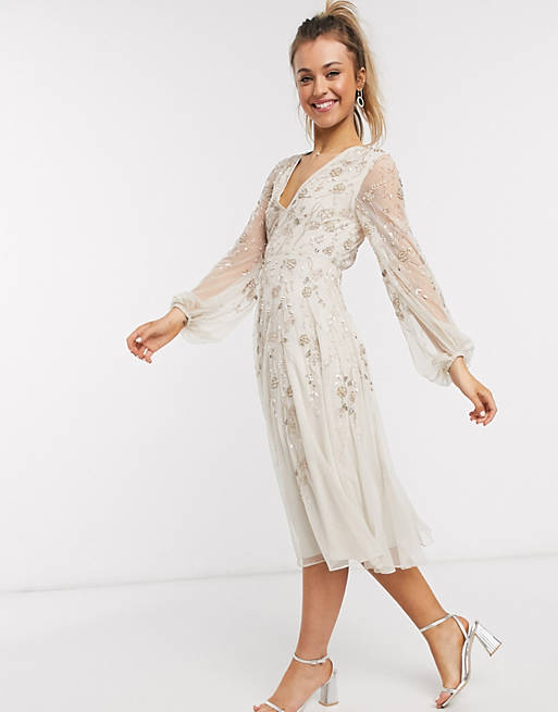 ASOS DESIGN midi dress with blouson sleeve and delicate floral embellishment