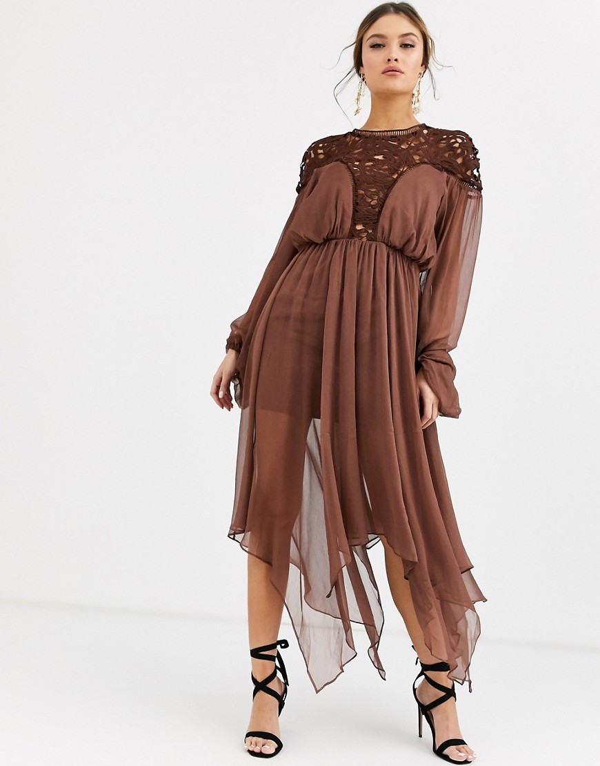 ASOS DESIGN midi dress with blouson sleeve and lace bodice-Brown