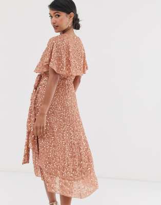 asos design midi dress with cape back and dipped hem in embellishment